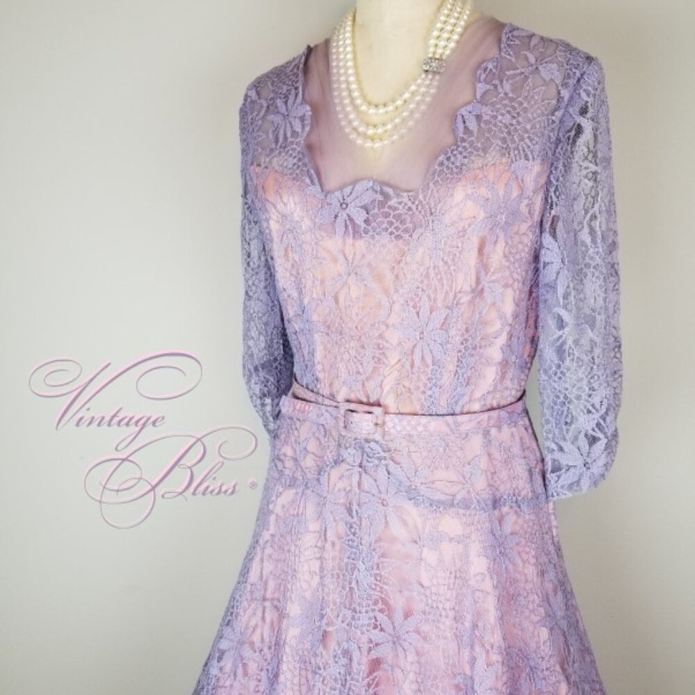 Vintage 1940's Lavender Lace + Pink Satin Lining Belted A Line Party Dress
